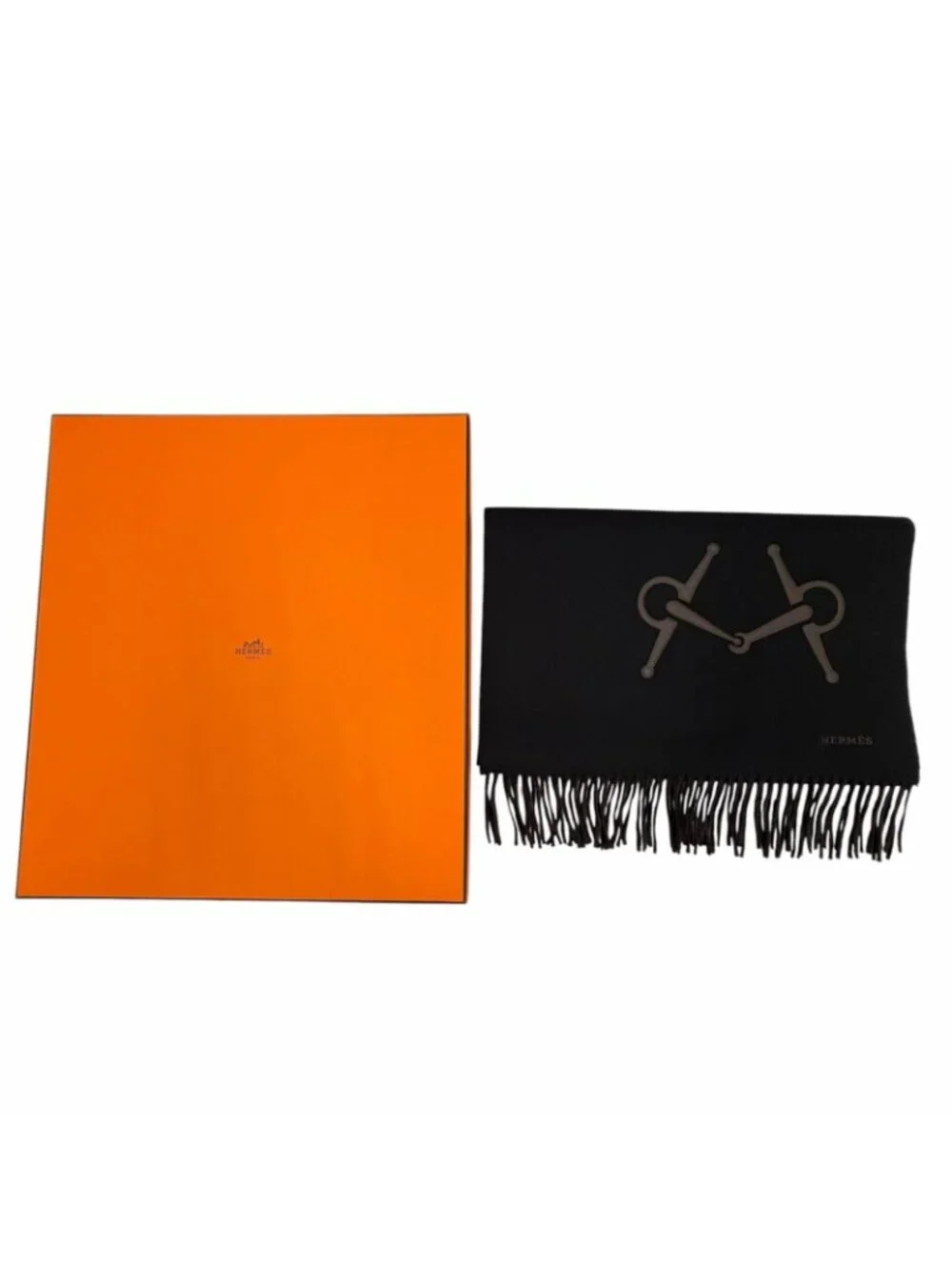 ★SOLD★ Hermes Cashmere Black Brown Ebony Leather Horsebit Logo Embroidery - Picture 2 of 8